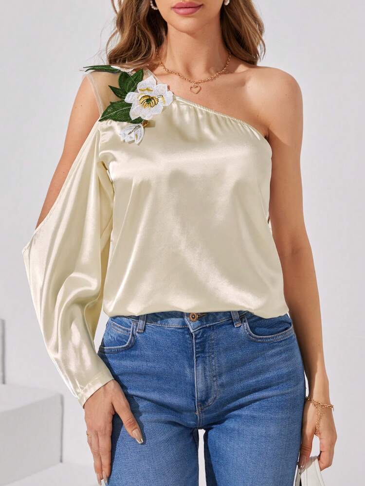 Guipure Lace Appliques One Shoulder Lantern Sleeve Solid Satin Blouse For Wedding/Engagement,Concert/Rave Festival,Graduation