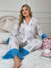 Color Block Long Sleeve And Long Pants Printed Pajama Set In Plus Size