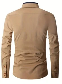 Men Contrast Trim Button Up Shirt - Khaki - View 2