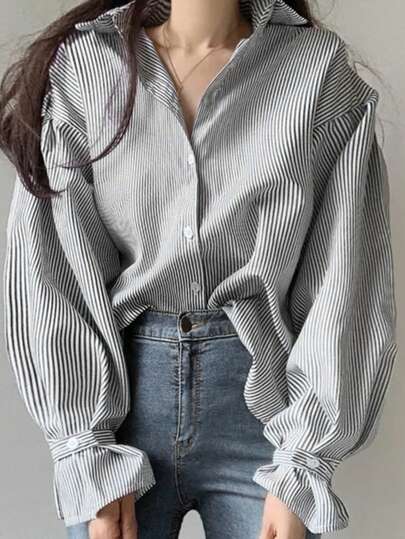 Summer Design Sense Niche Lapel Striped Long Sleeve Loose Button-Front Blouse For Women