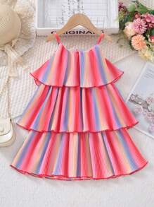 SHEIN Vestido de Verão Fascinante de Camisola Sem Mangas, Colorido com Plissado Soltinho de Camadas para Jovens Meninas Fashionistas