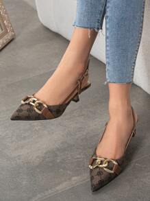 女士复古方头高跟鞋，饰有链条，优雅棕色细高跟鞋，适合春季、秋季、户外派对和日常通勤，优雅