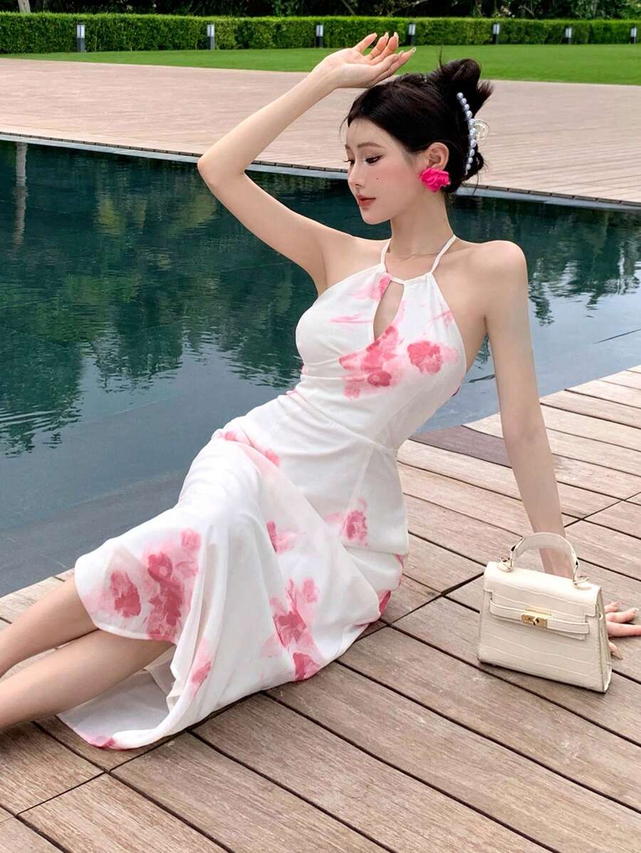 DAZY 女士镂空雪纺印花露背无袖连衣裙，适合夏季邮轮旅行、度假、复活节等场合。 - 粉色 - 查看 1