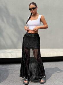 SHEIN EZwear Western Wear Women's Spring/Summer Y2k Black Mesh Contrast Skirt