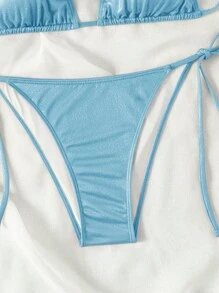 SHEIN Swim 女士純色肩帶比基尼套裝，適合日常穿著，夏季沙灘 - 藍色 - 查看 3