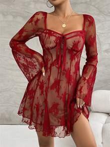 Rafferiza Sexy Lace Diamond-Embellished Stand Collar A-Line Dress With Bell Sleeves, Spring/Summer For New Year Holiday Party Clothes Fall Cloth For Women