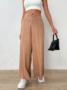 SHEIN Essnce Solid Color Textured Casual Wide Leg Pants - Brown - View 3