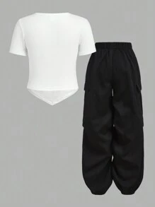 SHEIN Girlism Cô gái Tween Mát mẻ Phong cách đường phố Đan In Sao Vòng cổ Áo Và Dây rút Quần Chạy bộ - Đen và trắng - Xem 2