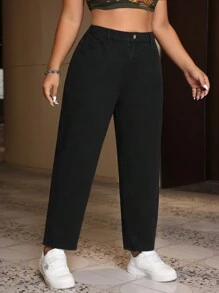 SHEIN ICON Plus Size Women Simple Solid Color Regular Fit Jeans For Daily Wear - Black - View 5