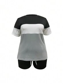 Bộ thể thao mùa hè dành cho nữ, Áo thun ngắn tay cổ tròn khối màu thời trang và quần short chắp vá 2 cái/bộ - Nhiều màu - Xem 3