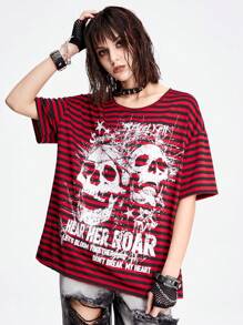 ROMWE Grunge Punk 帶有骷髏星形和字母印花的休閒街頭風格超大碼女款T恤 - 彩色 - 查看 5