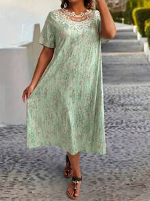 EMERY ROSE Plus Size Nữ Thời Trang In Ren Viền Váy Ngắn Tay - màu xanh lá - Xem 4
