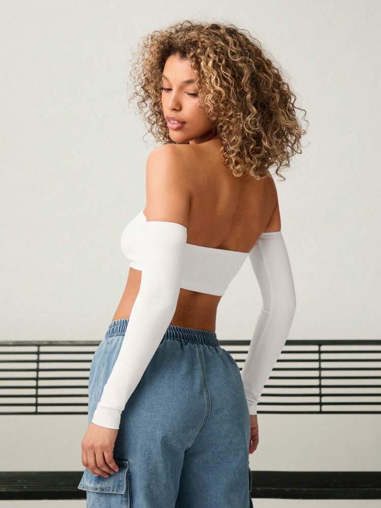 Women White Off Shoulder Long Sleeve Cropped Slim Fit Top With Letter Printing