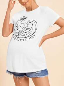 SHEIN Maternity Island Vacation Round Neck Short Sleeve Top With Front Coconut Tree Pattern - White - View 1