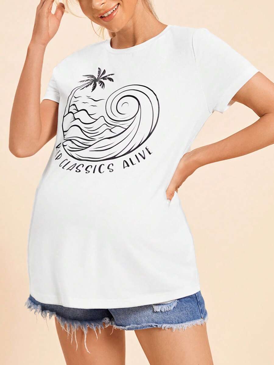 SHEIN Maternity Island Vacation Round Neck Short Sleeve Top With Front Coconut Tree Pattern - White - View 1