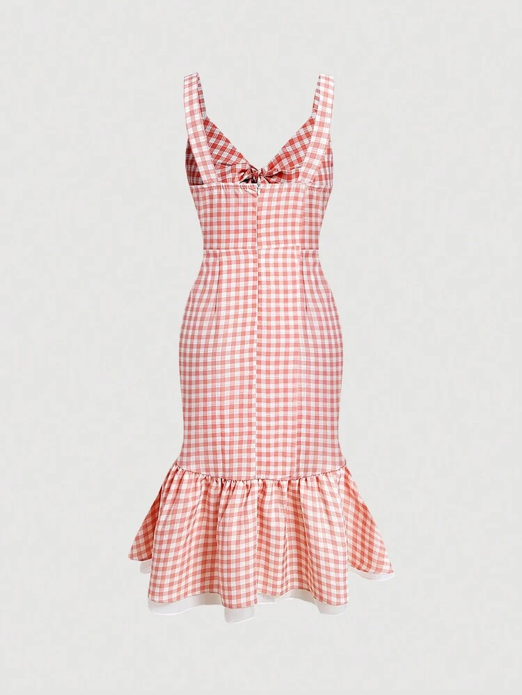 Pink Plaid Bow-Knot Design Women Summer Dress