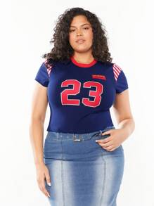 Forever 21 Tricou pentru femei de mărime mare cu imprimeu de vară Vintage College - Albastru marin - Vizualizare 5