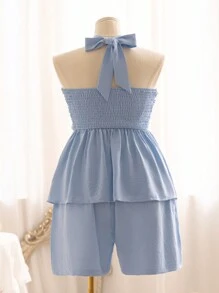 Dreamara Plus Size Women Solid Color Tie Strap A-Line Halter Top And Shorts Set For Summer - Blue - View 2