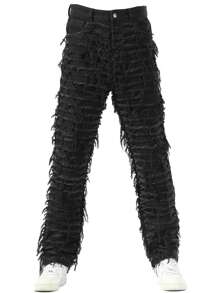 Jeans de mezclilla con adorno de flecos de moda para hombres, estilo emo, grunge - Negro - Ver 1
