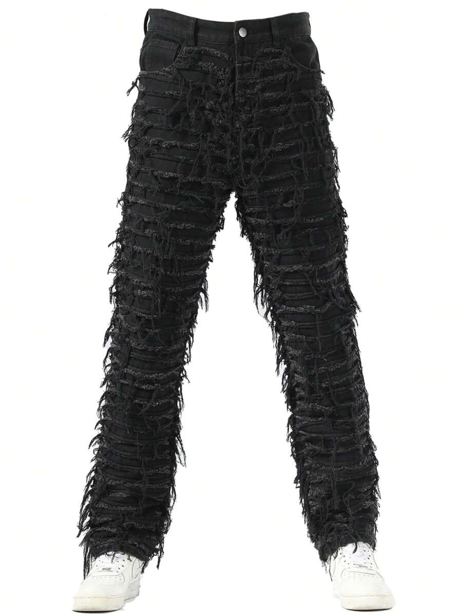 Jeans de mezclilla con adorno de flecos de moda para hombres, estilo emo, grunge - Negro - Ver 1