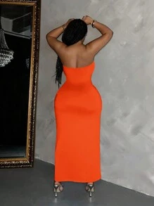 Slaydiva Plus Size Elegant Casual Solid Color Women Strapless Dress With Slim FIt And Pockets