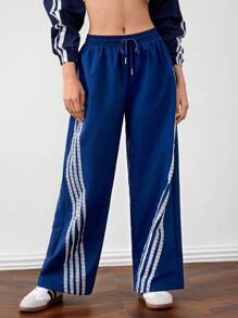 Forever 21 Women Color Block Patchwork Elastic Waist Wide Leg Cropped Pants For Casual And Sport