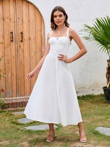 PARTHEA 白色优雅系带开衩大腿塑形褶皱吊带修身长裙 - 白色 - 查看 6