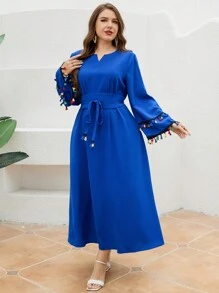 Mulvari Vestido De Talla Grande Con Decoración De Flecos, Cuello Con Muesca Y Mangas Acampanadas - azul real - Ver 4