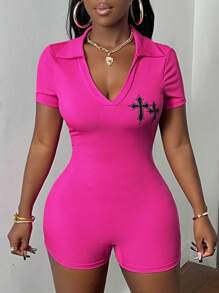 Slaydiva Basic Women Knitted Romper Unitard In Simple Casual Style Featuring Cross Pattern, Short Polo/V-Neck, With Ribbed Trims In Pale Pink - Hot Pink - View 4