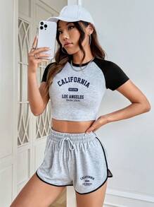 SHEIN EZwear 2 chiếc áo thun cổ tròn tay áo kiểu Raglan và quần short thể thao California Los Angeles dành cho nữ, mùa hè - Xám - Xem 3