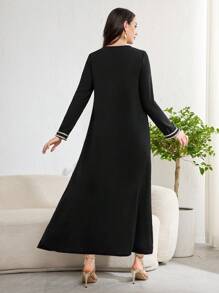 Al Najma Women Loose Elegant Arabesque Dress With Splicing Woven Belted Long Sleeves, Under Abaya Inner Dress, Modest Full Length Jalabiya
