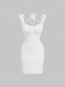 SHEIN MOD Summer White Bodycon Dress With 3D Flower Ribbon, Lace And Pleats - White - View 1