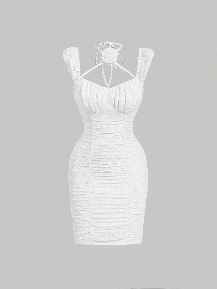 Summer White Bodycon Dress With 3D Flower Ribbon, Lace And Pleats