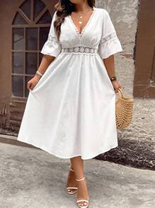 Breezaya Plus Size Women's Lace Splice Flare Sleeve Dress - White - View 4