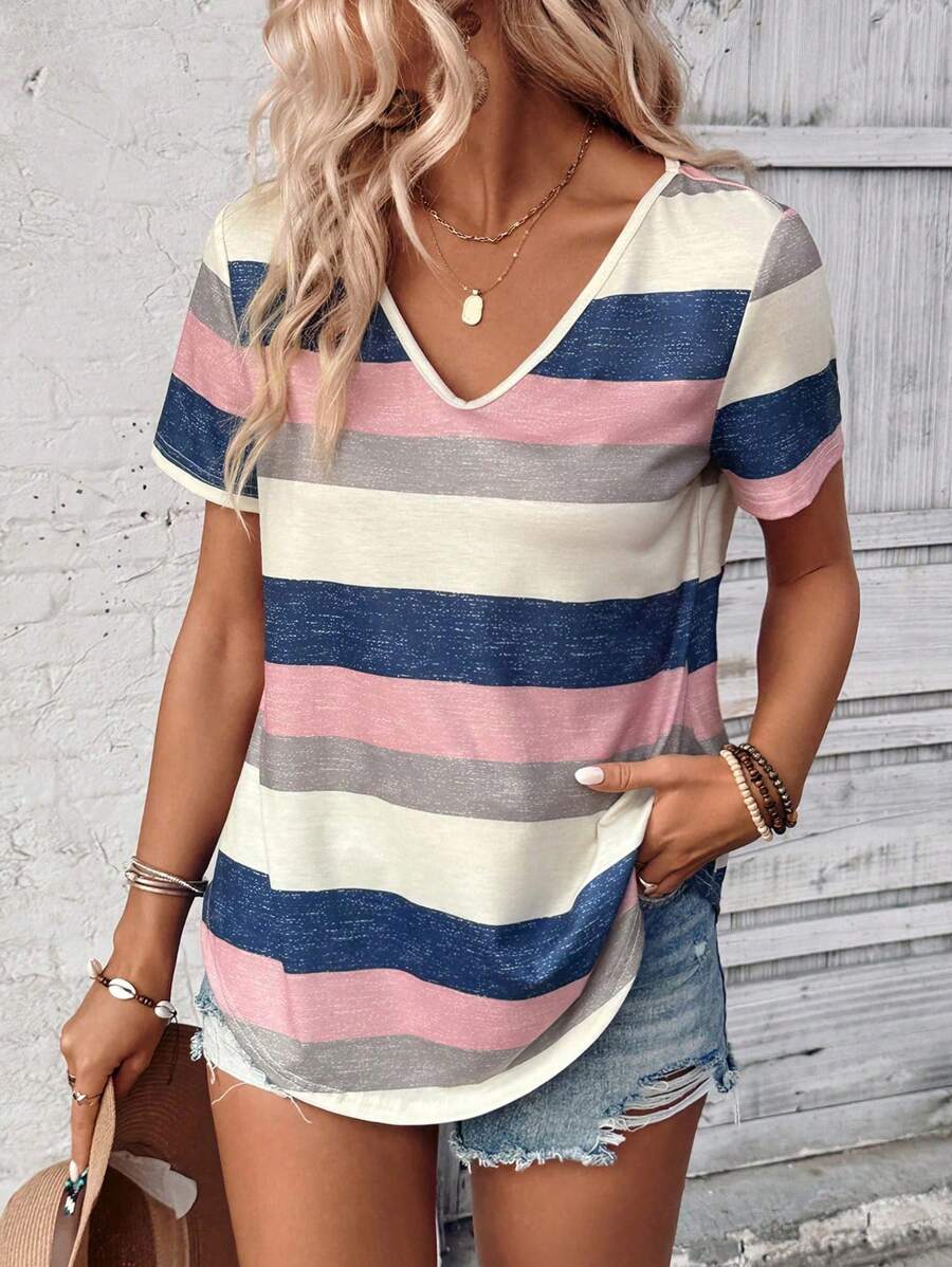 EMERY ROSE Women Color Block V-Neck Short Sleeve Simple Daily T-Shirt Graphic Tees Women Tops - Multicolor - View 1