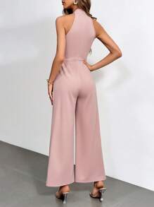 SHEIN Privé Macacão feminino sem mangas de malha sólida com pescoço halter para o verão - Rosa chiclete - Visão 2