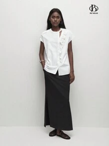 BizChic Women's Summer Casual Solid Color Hollow Out Ruffle Hem Business Leisure Shirt