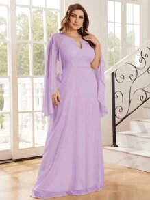 SHEIN Belle 大尺碼純色中空披肩袖優雅的伴娘服 - 紫丁香色 - 查看 5