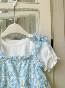 SHEIN Fetă tânără tricotată uni cu gât rotund cu mâneci bufante și costum rochie cu bretele florale țesute