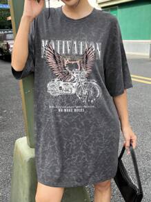 SHEIN EZwear 女性復古美式音樂節休閒短袖圓領迷你連衣裙，寬鬆款式，適合夏季穿著 - 灰色 - 查看 3