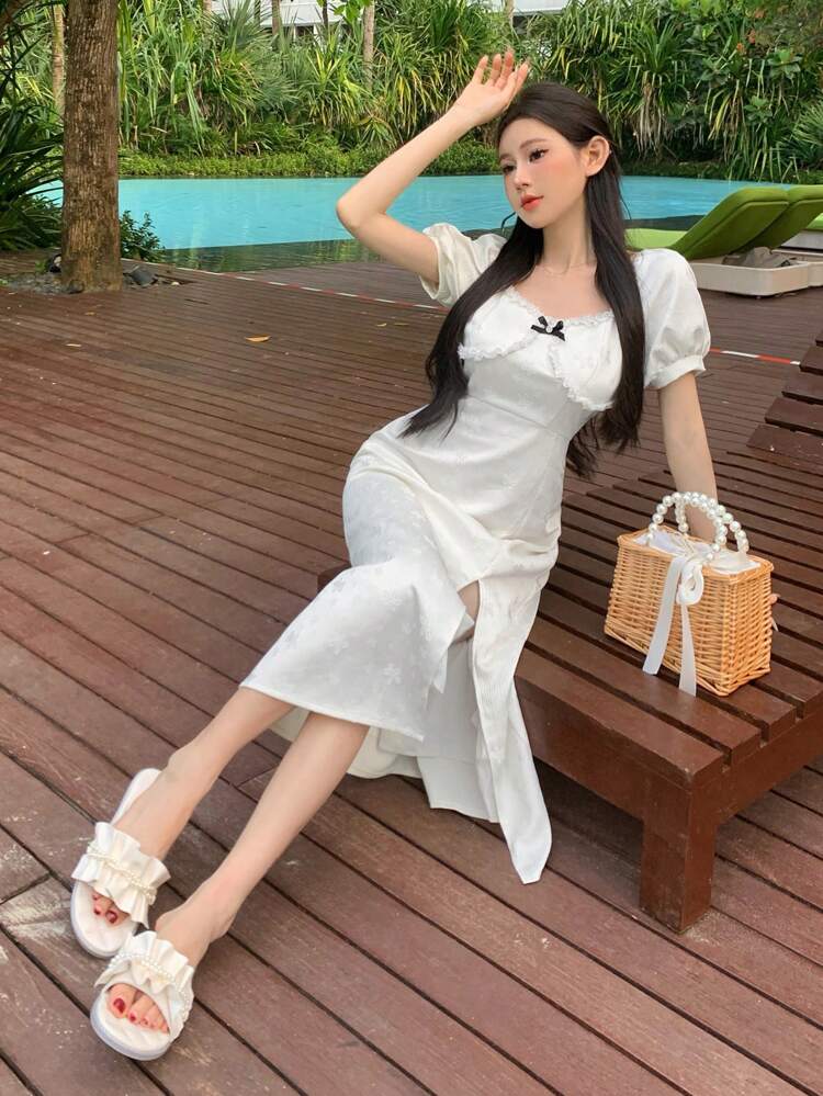 Women Solid Color Lace Jacquard Short Sleeve Summer Dress Sundress, Casual Women Dress