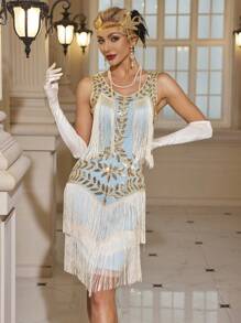 1920s Vintage Sequined Embroidered Tassel Formal Cocktail Dress Elegant Semi Formal Wedding Guest Dress, For Birthday, Graduation, Dinner, Homecoming,Party Dress