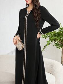 Al Najma Women Loose Elegant Arabesque Dress With Splicing Woven Belted Long Sleeves, Under Abaya Inner Dress, Modest Full Length Jalabiya