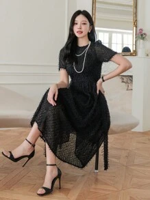 DAZY Đầm maxi cổ tròn tay ngắn màu trơn - màu đen - Xem 5
