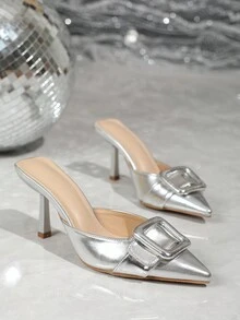 Ladies' High-Heeled Shoes, Pointed Toe With Buckle, High-Heeled Sandals, Square Buckle - Silver - View 4