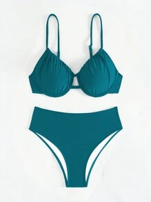 SHEIN Swim Bộ bikini dây đeo spaghetti có gọng chắc chắn đi biển mùa hè dành cho nữ - Màu xanh ngọc - Xem 6