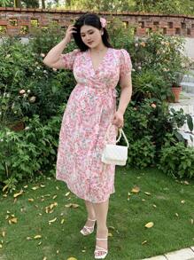 Dazy Petite Plus Plus Size Women Elegant V-Neck Short Puff Sleeve Holiday Dress With All-Over Flower Print For Summer Sundress Vacation Floral - Pink - View 7