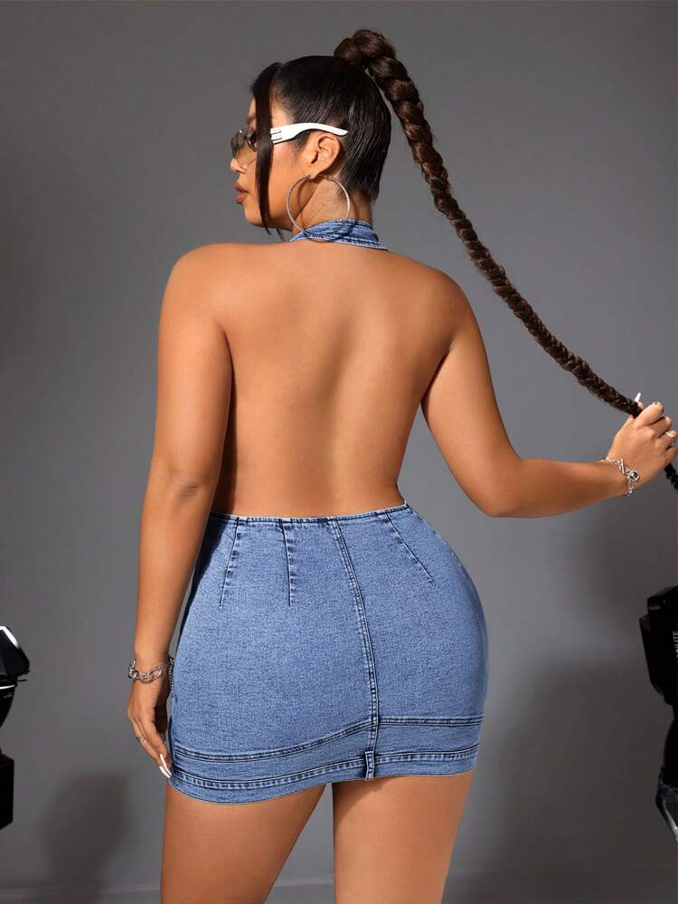 Plus Size Summer Sexy Deep V-Neck Backless Slim Fit Denim Mini Dress With Halter Neck
