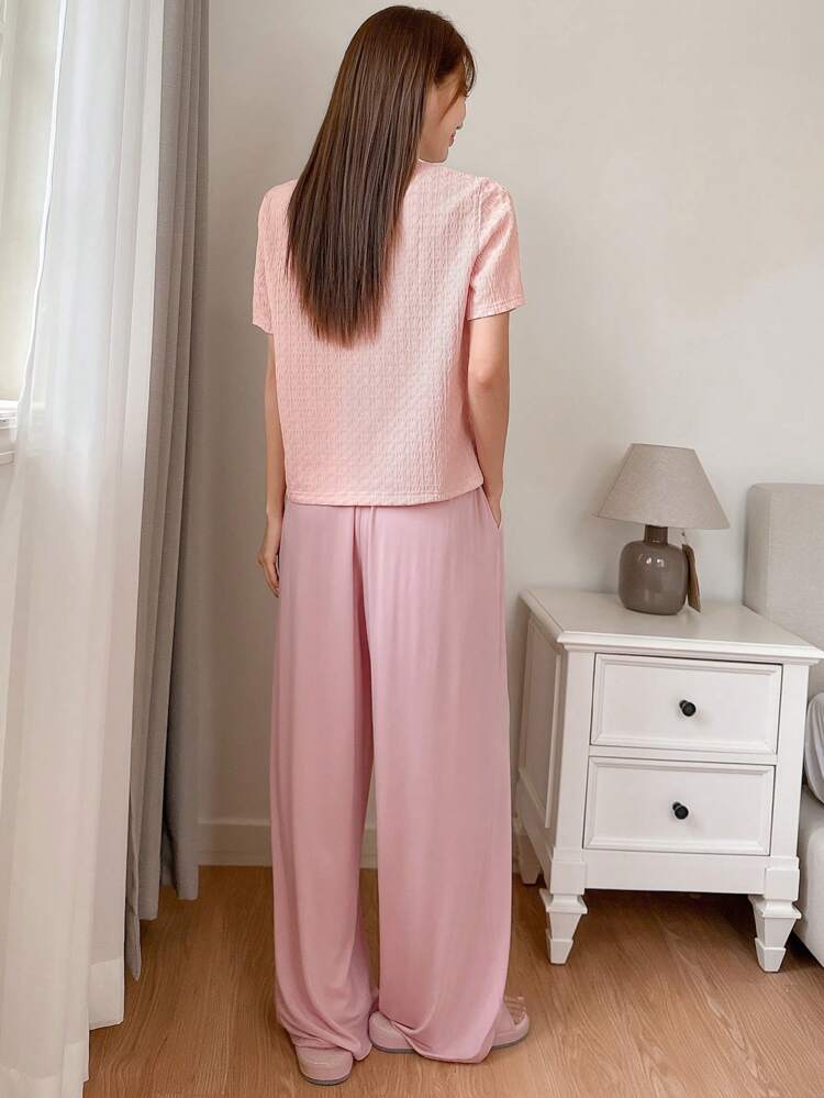 Leisure Jacquard Top & Wide Leg Pants Home Wear Set Pajama