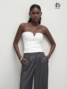 BizChic Blusa elegante de señora para el otoño, top bustier ajustado y fruncido de color blanco sólido